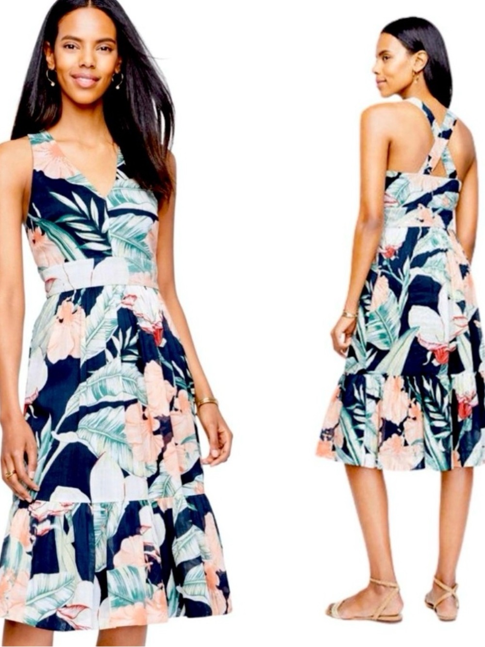 Ann Taylor Tropical Floral Midi Dress in Navy, Peach and Green